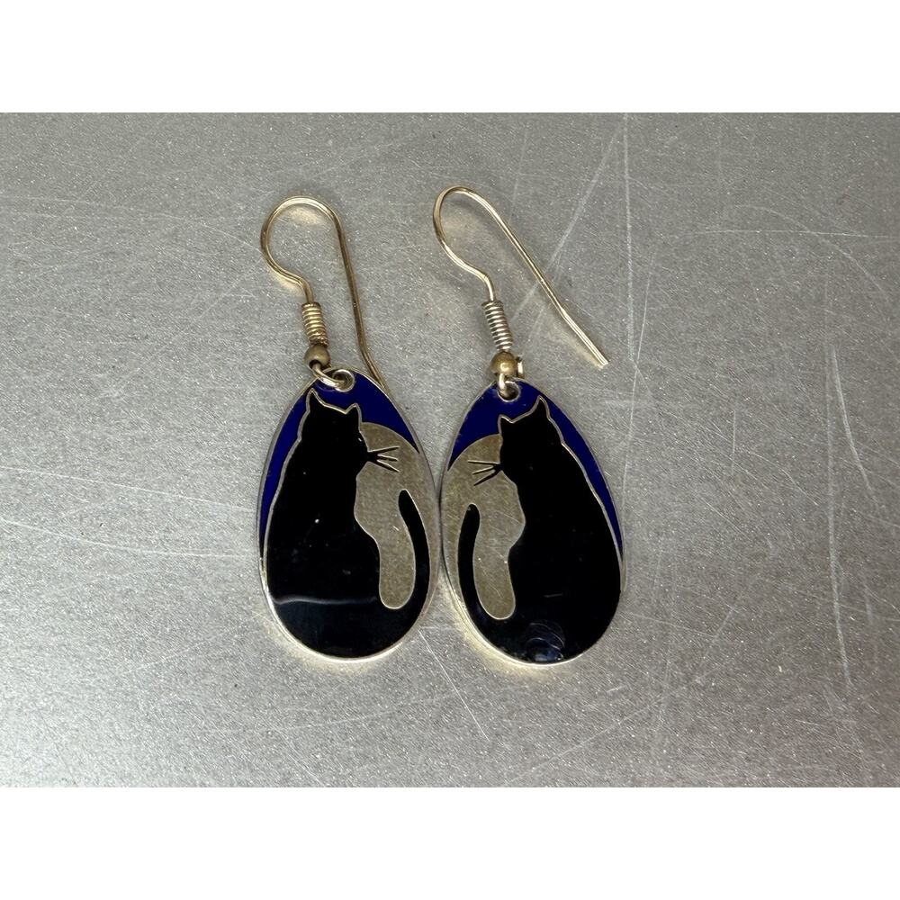 Discovery VTG Black Cat Dangle earrings w/ Black Cat Gold Moon Background